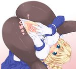  back-seamed_legwear bad_id bad_pixiv_id bar_censor blonde_hair blue_eyes blush bodysuit braid breasts censored folded gloves highres itou_ayachi kyoukaisenjou_no_horizon large_breasts long_hair mary_stuart open_mouth pantyhose pussy seamed_legwear simple_background single_braid solo spread_legs spread_pussy top-down_bottom-up upside-down white_background white_gloves 