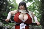  1girl asian black_hair blue_eyes breasts brown_hair cleavage cosplay fat huge_breasts luu_(cosplayer) manyuu_chifusa manyuu_chifusa_(cosplay) manyuu_hikenchou obese photo solo two-toned_hair 