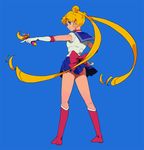  back_bow bad_id bad_pixiv_id bishoujo_senshi_sailor_moon blonde_hair blue_eyes blue_sailor_collar blue_skirt boots bow full_body holding holding_wand knee_boots long_hair looking_back magical_girl red_bow riqurr sailor_collar sailor_moon sailor_senshi_uniform simple_background skirt smile solo tsukino_usagi twintails very_long_hair wand 