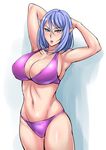  1girl areola_slip areolae armpits arms_behind_head bikini black_beat blue_hair breasts female green_eyes hands_behind_head huge_breasts lips mole mound_of_venus navel original pointy_ears purple_bikini short_hair solo standing swimsuit 