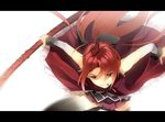  bad_id bad_pixiv_id bare_shoulders detached_sleeves fate/stay_night fate_(series) food gae_bolg grin highres kakei letterboxed long_hair magical_girl mahou_shoujo_madoka_magica mouth_hold pocky polearm ponytail red_eyes red_hair sakura_kyouko smile solo spear thighhighs weapon zettai_ryouiki 