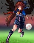  2012 2012_summer_olympics ball bow brown_hair feathers gobou_(gbu) hair_bow japan jersey long_hair olympics red_eyes reiuji_utsuho shirt shorts soccer_ball solo the_albert third_eye touhou wings 