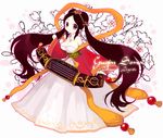  alternate_costume alternate_hair_color bare_shoulders breasts brown_hair character_name chinese_clothes cleavage detached_sleeves dress earrings guqin_sona hagoromo hanfu instrument jewelry konatsu_miyu large_breasts league_of_legends long_hair long_sleeves necklace off_shoulder shawl smile solo sona_buvelle twintails white_dress wide_sleeves 