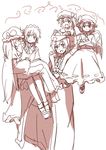  :d bad_id bad_pixiv_id blush carrying dress flandre_scarlet flying hat hong_meiling izayoi_sakuya looking_at_viewer mob_cap monochrome multiple_girls open_mouth patchouli_knowledge piggyback princess_carry puffy_short_sleeves puffy_sleeves remilia_scarlet shibasaki_shouji short_sleeves simple_background smile touhou vampire white_background 