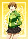  brown_eyes brown_hair daniel_macgregor downscaled hands_in_pockets houndstooth jacket lips looking_at_viewer md5_mismatch one_eye_closed persona persona_4 resized satonaka_chie short_hair signature skirt smile solo track_jacket 