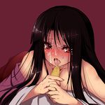  bad_id bad_pixiv_id banana black_hair blush collarbone dot_r food fruit hime_cut houraisan_kaguya long_hair long_sleeves off_shoulder red_eyes sexually_suggestive solo suggestive_fluid touhou wide_sleeves 