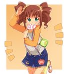  brown_hair candy denim denim_skirt food green_eyes idolmaster idolmaster_(classic) lollipop maro_nie overalls raglan_sleeves skirt solo suspenders takatsuki_yayoi twintails 