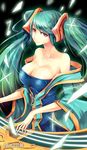  aqua_hair bare_shoulders beancurd breasts cleavage large_breasts league_of_legends long_hair smile solo sona_buvelle twintails very_long_hair 