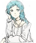 alternate_hairstyle aqua_eyes aqua_hair jewelry long_hair looking_at_viewer necklace persona persona_3 persona_4:_the_ultimate_in_mayonaka_arena simple_background sketch smile solo sutei_(giru) upper_body white_background yamagishi_fuuka 