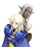  aritani_mahoro armor blonde_hair blue_cape cape dark_elf dark_skin deedlit elf green_eyes jewelry lips long_hair looking_down multiple_girls parted_lips pirotess pointy_ears record_of_lodoss_war silver_hair white_background yellow_eyes 