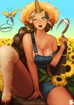 bare_shoulders braid breasts brown_hair cleavage farmer flower glint hat highres horn instant_ip kog'maw large_breasts league_of_legends long_hair monster_girl naked_overalls one_eye_closed open_mouth overalls pointy_ears revision sickle smile soraka strap_slip straw_hat sunflower sweat thighs very_long_hair 