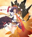  belt bird_wings black_wings blush camera hair_ornament hat liking looking_at_viewer miniskirt necktie open_mouth orange_eyes puffy_sleeves shameimaru_aya short_hair short_sleeves skirt smile solo tokin_hat touhou wings 