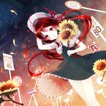  capelet dress flower hat hat_ribbon holding holding_flower long_hair original red_eyes red_hair ribbon shiki_nozi sign solo sunflower 