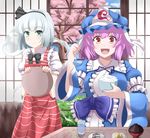  absurdres blush bow bowl cherry_blossoms chopsticks daikon e.o. fish food glass green_eyes hair_ribbon hairband hat highres hitodama konpaku_youmu konpaku_youmu_(ghost) long_sleeves multiple_girls open_mouth pink_hair plate puffy_sleeves red_eyes ribbon rice saigyouji_yuyuko short_hair short_sleeves silver_hair smile standing table touhou tray triangular_headpiece water wide_sleeves 