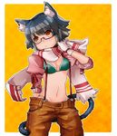  1girl animal_ears bikini bikini_top black_hair breasts cat_ears cat_tail cleavage detached_sleeves glasses kinako_(azguchy) navel orange_eyes original parted_lips red-framed_glasses scarf semi-rimless_glasses short_hair shorts solo suspenders swimsuit tail under-rim_glasses 