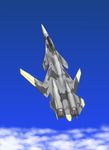  ace_combat_04 aircraft airplane akagi_souryuu canards cloud day fighter_jet flying highres jet military military_vehicle no_humans sky what_if x-02_wyvern yellow_squadron 