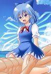  blue_eyes blue_hair blush cirno clothed_sex cowgirl_position fang girl_on_top hair_ribbon ice ice_wings onna_kishi_no_shiro red_ribbon ribbon sex solo_focus straddling sweat touhou wings 