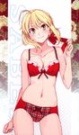  1girl absurdres ahoge artist_request blonde_hair blush bra breasts fate/extra fate_(series) green_eyes highres lace lace-trimmed_bra light_smile lingerie morii_shizuki navel panties red_bra red_panties ribbon saber_extra smile solo underwear untying 