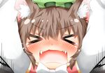  &gt;_&lt; animal_ears bad_id bad_pixiv_id blush bow brown_hair cat_ears check_commentary chen closed_eyes commentary commentary_request face fangs hat open_mouth outstretched_arms rebecca_(keinelove) solo tears touhou upper_body 