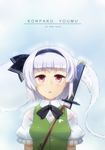  absurdres bad_id bad_pixiv_id black_hairband character_name hair_ribbon hairband highres hitodama konpaku_youmu konpaku_youmu_(ghost) liking open_mouth pink_eyes puffy_sleeves rain ribbon short_hair short_sleeves solo sword touhou weapon wet white_hair 