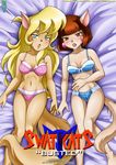  bed blonde_hair blue_eyes blush bra breasts brown_eyes brown_hair callie_briggs clothed clothing feline female hair lingerie long_hair looking_at_viewer lying mammal on_back palcomix panties skimpy swat_kats underwear 