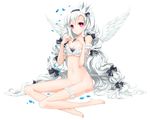  cleavage crown garter juna long_hair nopan original petals pink_eyes white_hair wings 