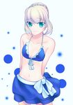  ahoge arms_behind_back artoria_pendragon_(all) bikini_top blonde_hair breasts cleavage collarbone fate/stay_night fate_(series) frills front-tie_top green_eyes kazashino light_smile saber skirt small_breasts solo 