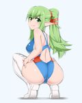  bad_id bad_pixiv_id breasts chiki competition_swimsuit fire_emblem fire_emblem:_kakusei fire_emblem:_monshou_no_nazo from_behind green_eyes green_hair kaz_(shade) large_breasts long_hair looking_back mamkute one-piece_swimsuit pointy_ears ponytail solo squatting swimsuit thighhighs 