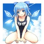  :d bad_id bad_pixiv_id banned_artist blue_eyes blue_hair blush bow cirno cloud collarbone condensation_trail day hair_bow name_tag one-piece_swimsuit open_mouth school_swimsuit short_hair sitting smile solo swimsuit touhou tsukiriran v_arms wings 