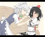  2girls :3 :d apron bdsm black_hair blush bondage bound braid chair closed_eyes dress_shirt hat izayoi_sakuya laughing letterboxed maid maid_headdress multiple_girls nobamo_pieruda open_mouth puffy_sleeves shameimaru_aya shirt short_hair short_sleeves silver_eyes silver_hair sitting smile tears tickle_torture tickling tied_up tokin_hat touhou twin_braids 