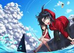  bad_id bad_pixiv_id black_hair blue_eyes falling fishing food hood hoodie kyon_(fuuran) long_hair multiple_girls original popsicle sandals shark short_hair sleeveless water 