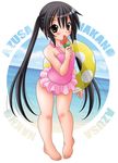  aiu_kaho barefoot black_hair brown_eyes casual_one-piece_swimsuit food k-on! long_hair nakano_azusa one-piece_swimsuit popsicle swimsuit twintails watermelon_bar 