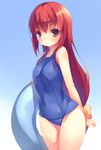  :&lt; blush bow breasts buratei_marii hair_bow innertube joshiraku long_hair looking_at_viewer medium_breasts mikage_sekizai one-piece_swimsuit red_eyes red_hair school_swimsuit simple_background solo swimsuit very_long_hair 