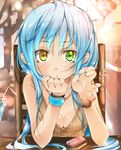  bad_hands bad_id bad_pixiv_id blue_hair breasts cellphone chair cleavage downblouse drink drinking_straw glass green_eyes hand_on_own_face heterochromia highres lips long_hair looking_at_viewer original phone pinky_out pov_across_table shikinyan sitting small_breasts solo upper_body watch wrist_cuffs wristwatch yellow_eyes 