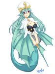  aqua_hair artist_name breasts center_opening cleavage fins hat head_fins large_breasts lilirulu long_hair mermaid monster_girl monster_girl_encyclopedia red_eyes scales sea_bishop signature simple_background smile solo tablet v_arms watermark white_background 