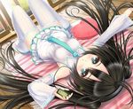  alternate_hair_color bare_shoulders black_hair blue_eyes boots carpet detached_sleeves digital_media_player hatsune_miku headphones heart heart_pillow holding long_hair lying necktie norita on_back pillow skirt solo striped thigh_boots thighhighs twintails very_long_hair vocaloid white_legwear 