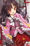  bamboo black_hair blush bow flower houraisan_kaguya long_hair long_sleeves namisaki_yuka open_mouth red_eyes round_window solo touhou wide_sleeves window 