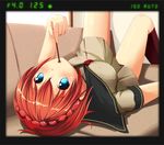  :o blue_eyes blush couch food holding looking_at_viewer lying ok-ray on_back original pocky red_hair school_uniform serizawa_soara short_hair skirt solo viewfinder 