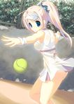  absurdres ball blue_eyes breasts highres holding long_hair medium_breasts mutsuno_hekisa no_bra no_panties original outstretched_arm pink_hair ponytail racket solo sportswear sweatband tennis tennis_ball tennis_racket tennis_uniform visor_cap 