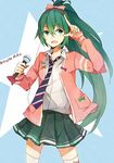  bad_id bad_pixiv_id character_name green_eyes green_hair hatsune_miku headphones long_hair matako microphone necktie open_mouth ponytail project_diva_(series) project_diva_f ribbon_girl_(module) solo thighhighs very_long_hair vocaloid 