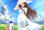  3: 3; bag blush brown_eyes brown_hair bunny cloud collarbone day dress flower hand_on_headwear hat hat_flower holding long_hair necktie one_eye_closed original posatto sky solo sun_hat sundress 