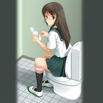  bathroom blush copyright_request highres kneehighs long_hair looking_at_viewer menstrual_pad nikkeru_suiso panties panty_pull school_uniform shoes solo toilet toilet_use underwear uwabaki 