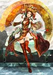  brown_hair cai_wenji chinese_clothes cleavage_cutout closed_fan detached_sleeves fan folding_fan full_body hair_ornament len_brew original red_eyes red_legwear sangokushi_taisen solo standing standing_on_one_leg thighhighs 
