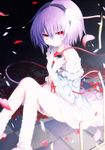  bad_id bad_pixiv_id bags_under_eyes bare_legs cinkai hairband heart highres komeiji_satori looking_at_viewer off_shoulder petals purple_hair red_eyes ringed_eyes short_hair sitting skirt socks solo third_eye touhou white_legwear wide_sleeves 