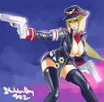  black_hat black_legwear blonde_hair breasts cleavage colorized disgaea dual_wielding eu03 gun handgun hat holding huge_breasts leaning_forward legs long_hair makai_senki_disgaea_3 peaked_cap pistol pointy_ears salvatore_(disgaea) solo thighhighs thighs very_long_hair weapon yellow_eyes zettai_ryouiki 