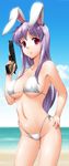  animal_ears bikini breasts bunny_ears byeontae_jagga groin gun hand_on_hip handgun highleg highleg_bikini highleg_swimsuit holding holding_gun holding_weapon large_breasts long_hair looking_at_viewer m1911 pistol purple_hair red_eyes reisen_udongein_inaba shiny shiny_skin side-tie_bikini smile solo swimsuit touhou trigger_discipline weapon 