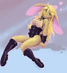  boots bottomless breasts clothed clothing corset cuffs female green_eyes hair lagomorph looking_at_viewer mammal nipples rabbit skimpy solo soraslipheed topless 