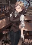  1girl absurdres alcohol alternate_costume bangs bar bench blonde_hair blue_eyes blush book bottle braid breasts brown_vest collared_shirt crown_braid cup drinking_glass eyebrows_visible_through_hair french_braid g36_(girls_frontline) girls_frontline gloves hair_between_eyes highres indoors long_hair looking_at_viewer medium_breasts monocle open_mouth pants shirt sidelocks single_glove sleeves_folded_up solo stairs stool table tuan_yi umbrella vest white_gloves white_shirt window 