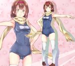 bad_id bad_pixiv_id blush breasts brown_hair cameltoe covered_nipples green_eyes hand_on_hip kanata_(kanata_onion) loafers medium_breasts one-piece_swimsuit original outstretched_arm pigeon-toed pink_background scarf school_swimsuit shoes short_hair solo star swimsuit thighhighs white_legwear zoom_layer 