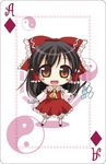  black_hair blush_stickers bow card card_(medium) chibi gohei hair_bow hakurei_reimu large_bow long_hair lowres niwatoriya ofuda open_mouth orange_eyes playing_card smile solo standing touhou yin_yang 